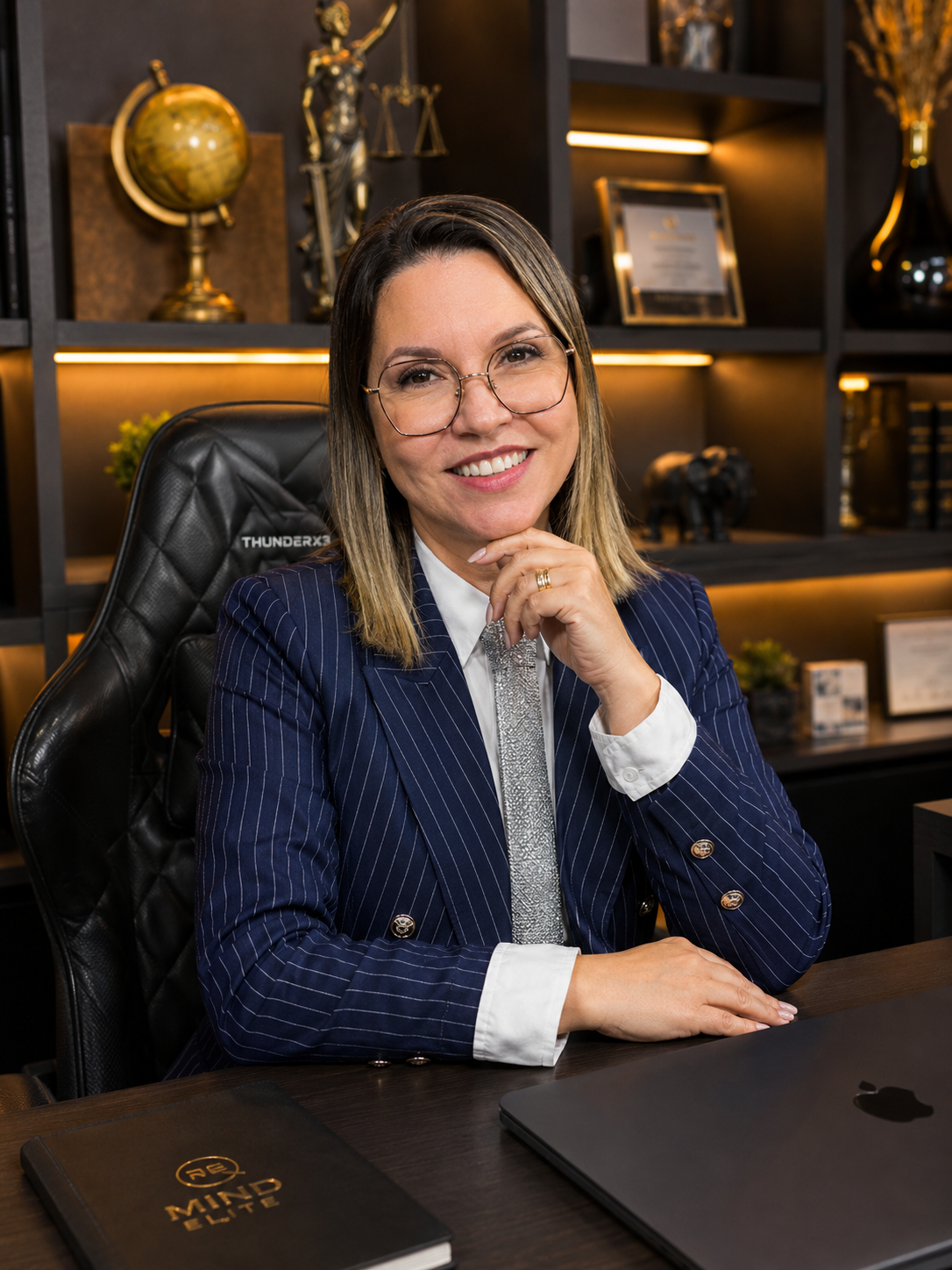 Dra. Andreia Martins, advogada previdenciária especialista em Salário-Maternidade do INSS, sentada à mesa do escritório