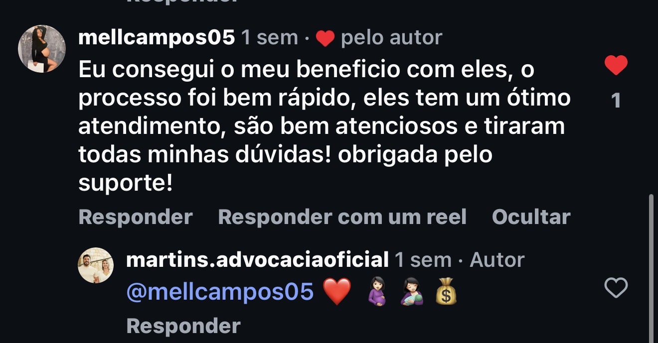 Comentário Instagram: @mellcampos05 — Eu consegui o meu benefício com eles, processo bem rápido, ótimo atendimento, obrigada pelo suporte